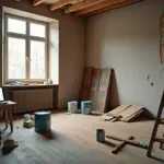 Ремонт квартиры с инструментами и материалами, показывающий сравнение кредита и накоплений