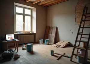 Ремонт квартиры с инструментами и материалами, показывающий сравнение кредита и накоплений