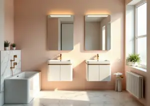 Интерьер маленького современного туалета с зеркалами и ярким освещением, визуально расширяющий пространство