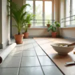 Остеклённый балкон с наполовину уложенным линолеумом и наполовину плиточной облицовкой, инструменты и утеплитель на переднем плане