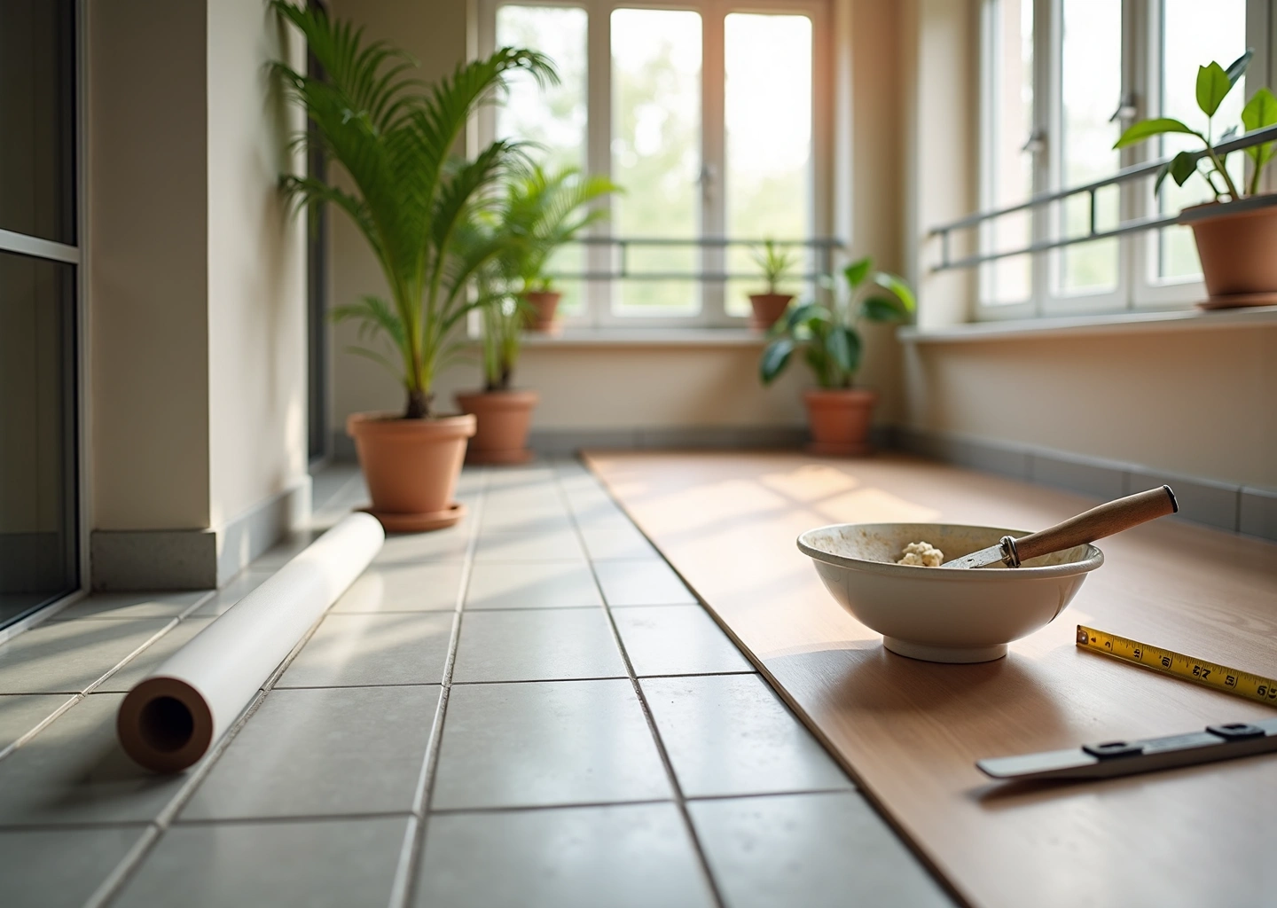 Остеклённый балкон с наполовину уложенным линолеумом и наполовину плиточной облицовкой, инструменты и утеплитель на переднем плане