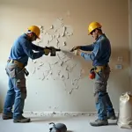 Рабочие снимают старую штукатурку со стены в квартире: видны отслоения, инструменты и защитная пленка на полу