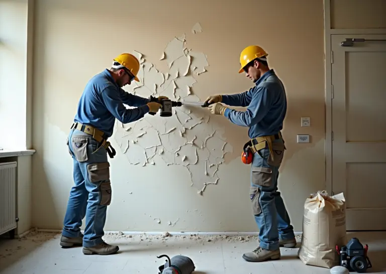 Рабочие снимают старую штукатурку со стены в квартире: видны отслоения, инструменты и защитная пленка на полу