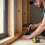 Мастер устанавливает ламинированные МДФ панели на стену в квартире, видны инструменты и рейки каркаса