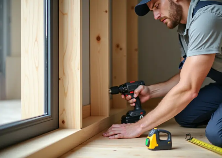 Мастер устанавливает ламинированные МДФ панели на стену в квартире, видны инструменты и рейки каркаса