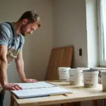 Фото однокомнатной квартиры 35 кв.м в процессе экономного ремонта: мастер измеряет стену, рядом образцы напольных покрытий, плитка, банки с краской и ценники в рублях