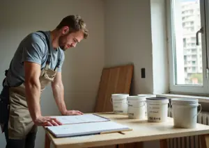 Фото однокомнатной квартиры 35 кв.м в процессе экономного ремонта: мастер измеряет стену, рядом образцы напольных покрытий, плитка, банки с краской и ценники в рублях