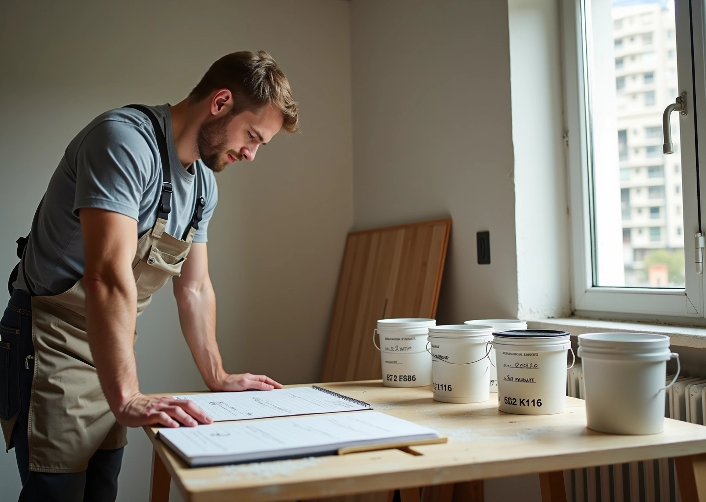 Фото однокомнатной квартиры 35 кв.м в процессе экономного ремонта: мастер измеряет стену, рядом образцы напольных покрытий, плитка, банки с краской и ценники в рублях