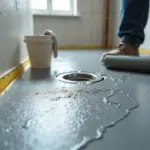 Пол в ванной с нанесённой жидкой гидроизоляцией у трапа, видны уплотнительная лента, манжета и рабочие инструменты