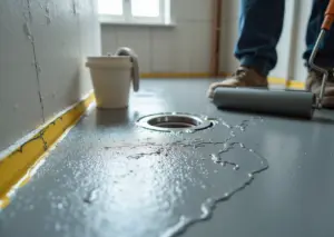 Пол в ванной с нанесённой жидкой гидроизоляцией у трапа, видны уплотнительная лента, манжета и рабочие инструменты