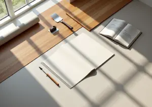 Демонстрация образцов керамогранита ламинированной доски LVT и декоративной штукатурки в интерьере квартиры