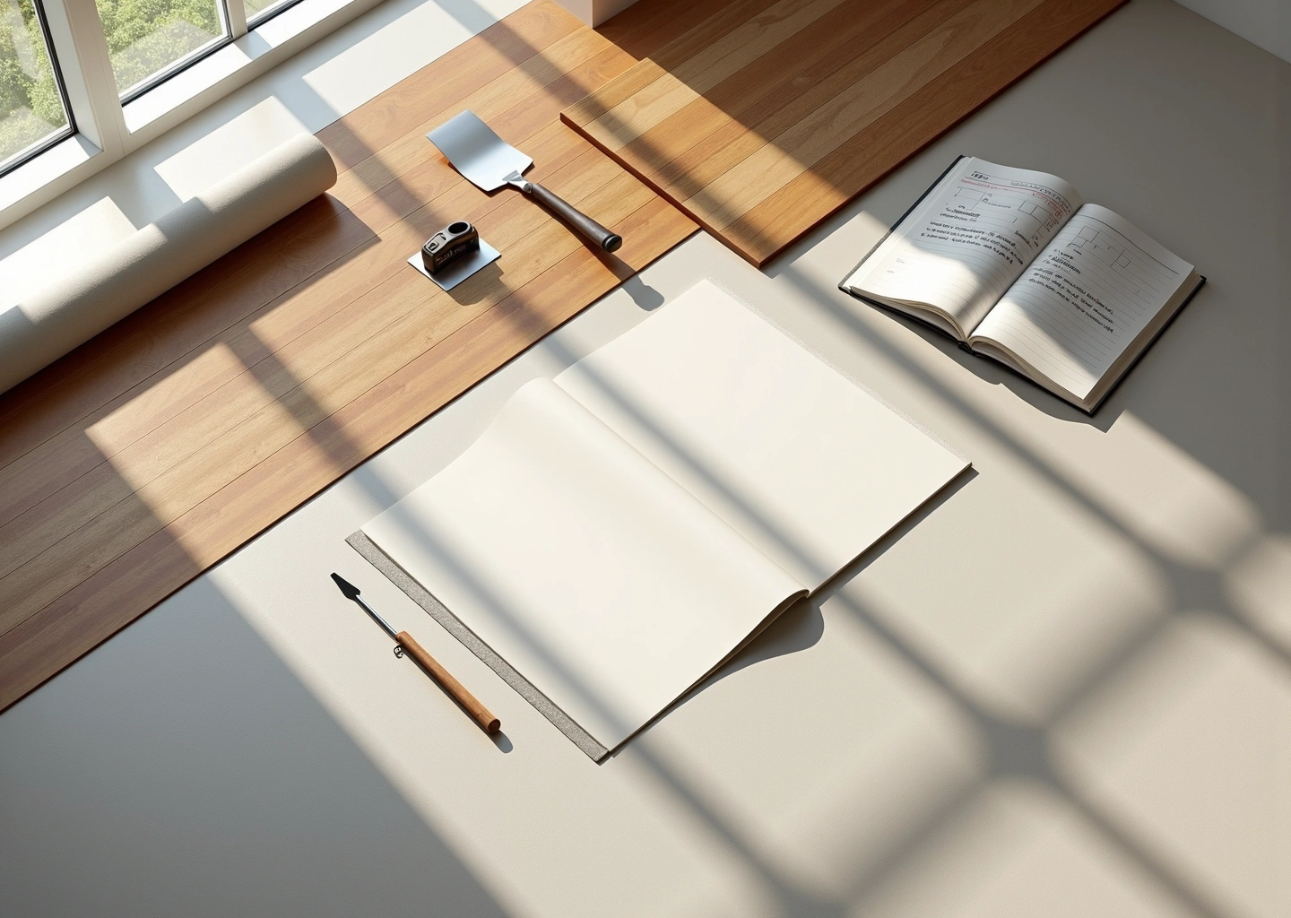 Демонстрация образцов керамогранита ламинированной доски LVT и декоративной штукатурки в интерьере квартиры