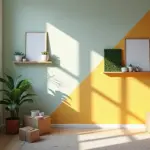 Интерьер с бюджетным DIY декором стен: геометрическая покраска, галерея рам, полка с растениями и панно из мха