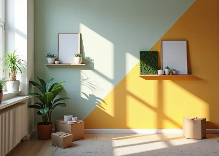 Интерьер с бюджетным DIY декором стен: геометрическая покраска, галерея рам, полка с растениями и панно из мха