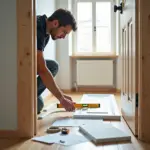 Монтаж межкомнатной двери в квартире: коробка в проёме, мастер с уровнем и баллоном монтажной пены, инструменты и дверное полотно