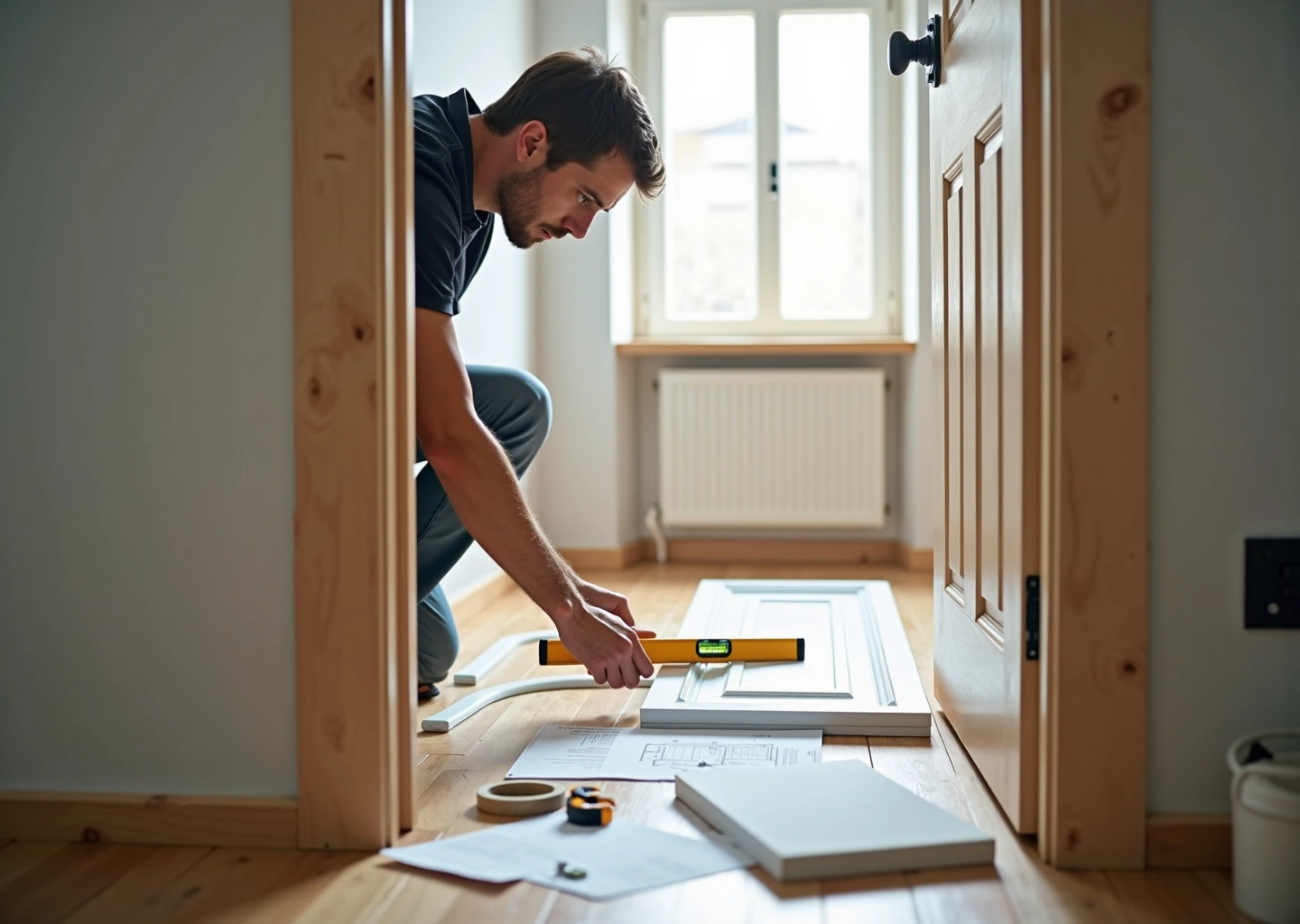 Монтаж межкомнатной двери в квартире: коробка в проёме, мастер с уровнем и баллоном монтажной пены, инструменты и дверное полотно