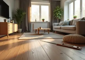 Современная гостиная с ламинатом 32 и 33 класса, инструменты для ремонта и список покупок недорогих материалов