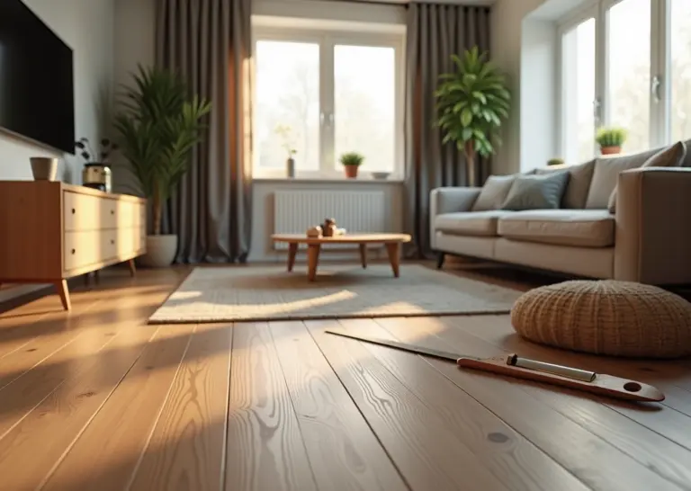 Современная гостиная с ламинатом 32 и 33 класса, инструменты для ремонта и список покупок недорогих материалов