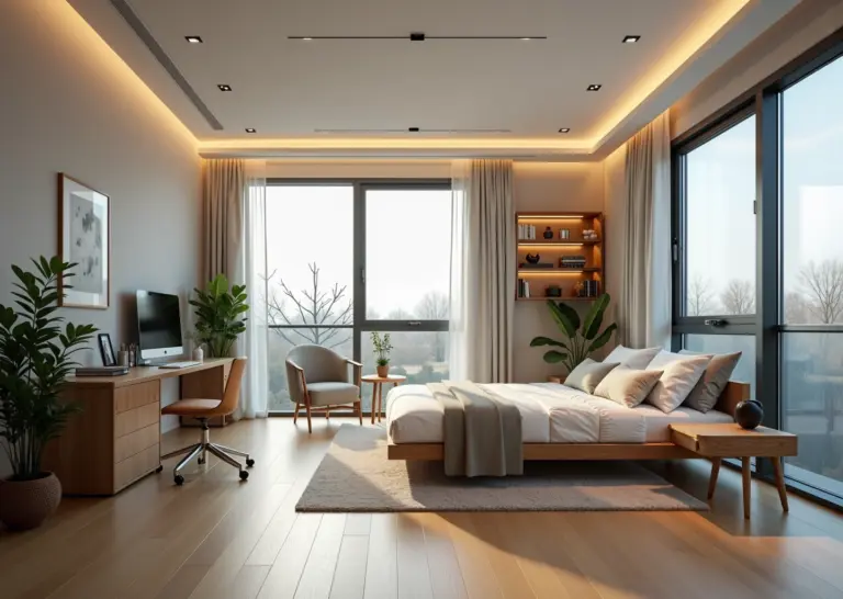 Интерьер однокомнатной квартиры с рациональной расстановкой мебели и многофункциональными элементами