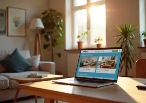 Современный интерьер квартиры с обновленной мебелью и материалами для ремонта, открытый сайт Авито на ноутбуке