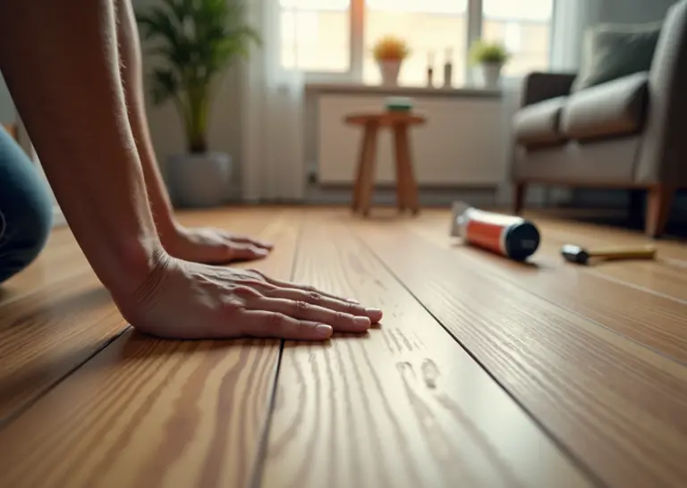 Руки проверяют ламинат на скрип в квартире с инструментами для ремонта рядом